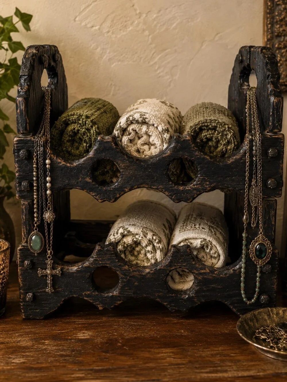 Rustic Gothic Wooden Wine Rack Castlecore Jewelry Organizer Display